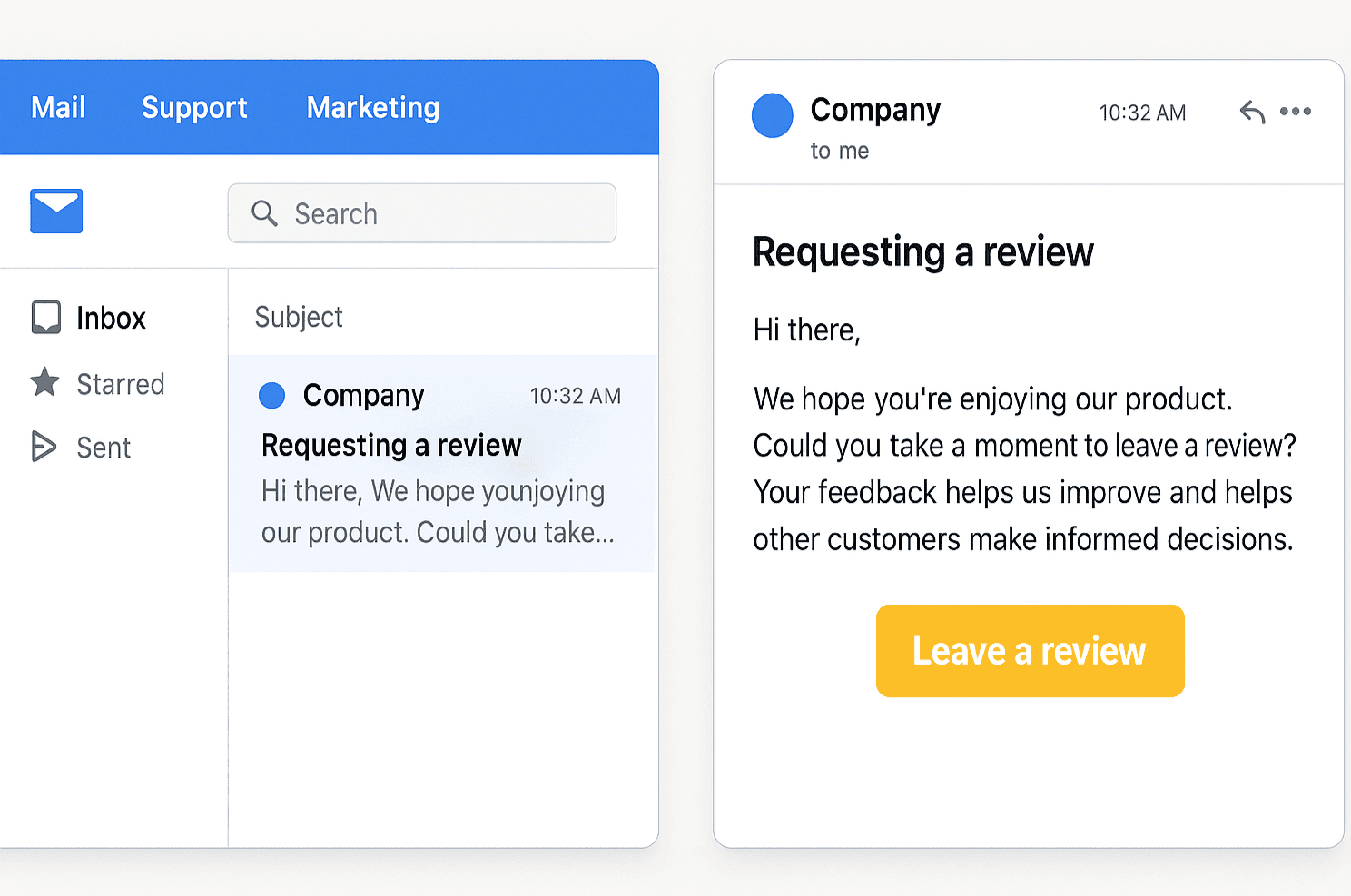 Mockups of email templates with highlighted call-to-action buttons asking for customer reviews