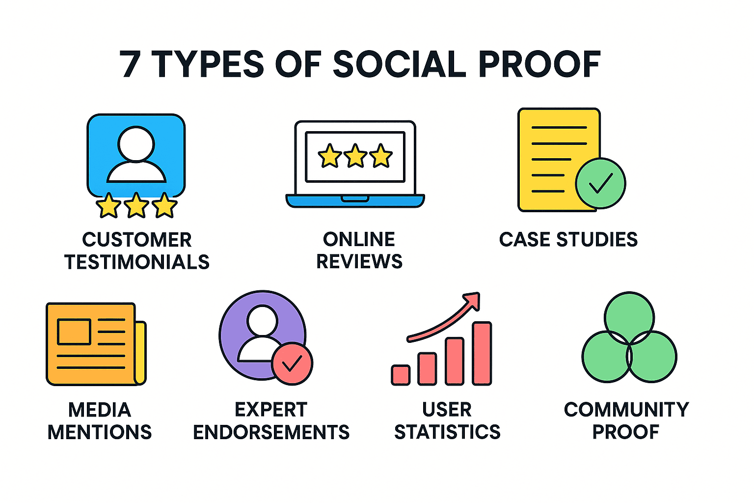 Infographic showing seven types of social proof with icons representing testimonials, media, numbers, and experts