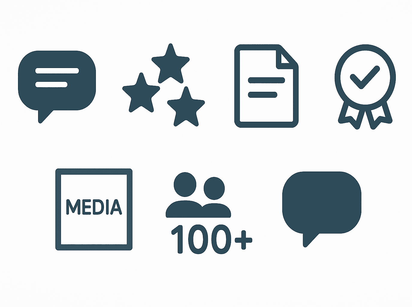 Set of icons representing testimonials, media logos, counters, case studies, and reviews