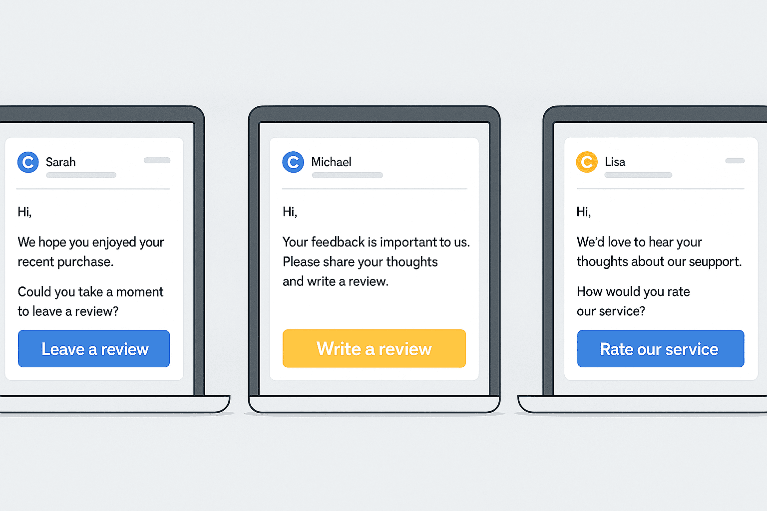 Series of email templates showing effective CTAs for requesting reviews