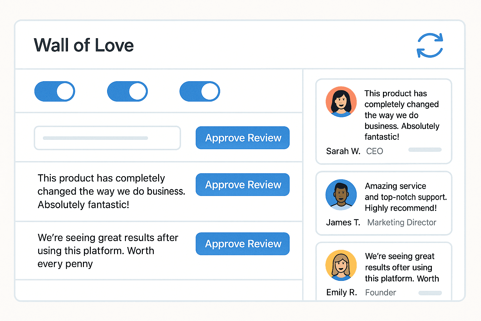 Dashboard interface automatically updating a Wall of Love with new approved reviews