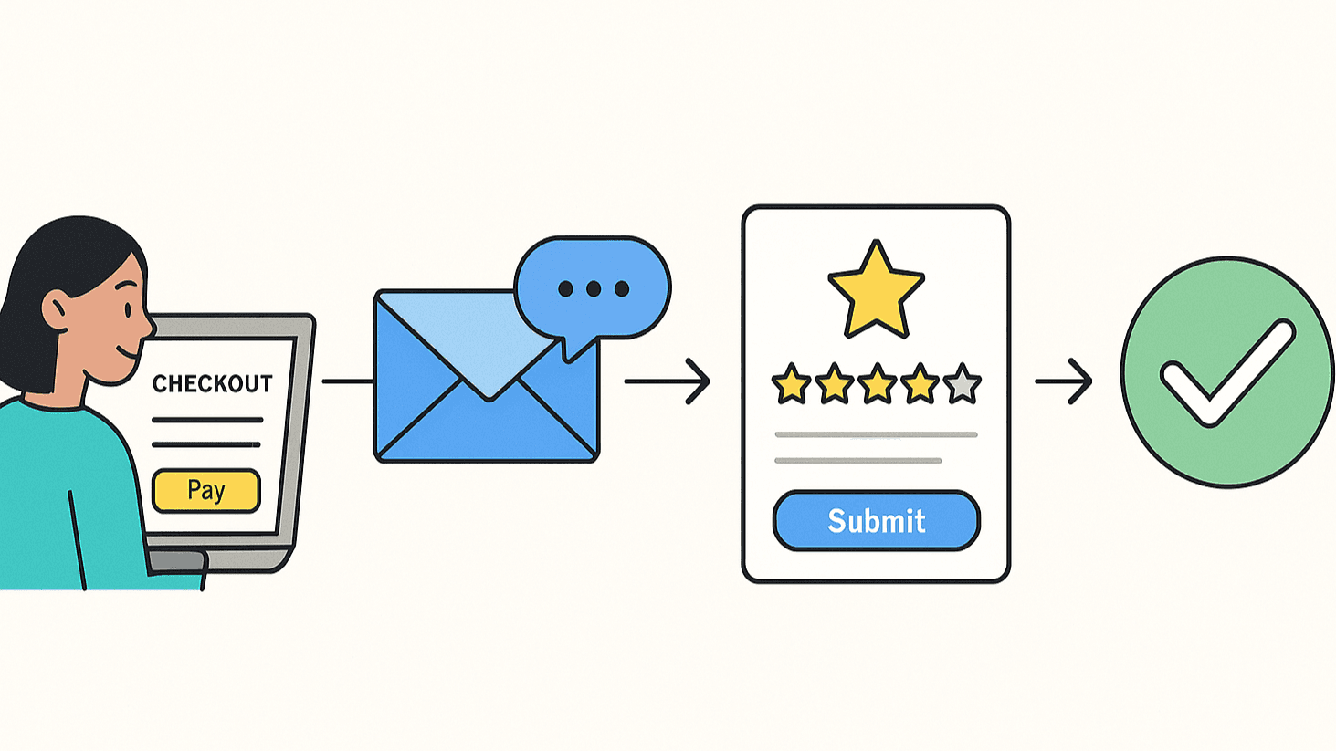 Diagram illustrating automatic review collection workflow from checkout to email to review submission